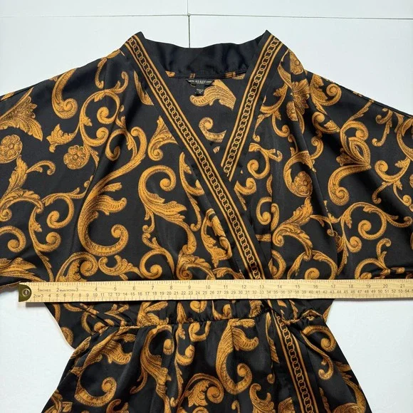 Guess Kimono Blouse Womens Medium Black Gold Baroque Floral Elastic Waist Top - Picture 5 of 5
